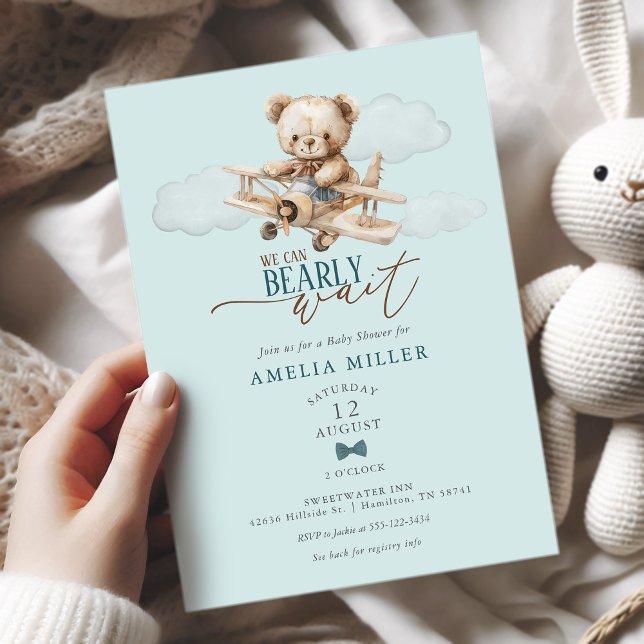 We Can Bearly Wait Teddy Airplane Blue Baby Shower Invitation (We Can Bearly Wait Teddy Airplane Blue Baby Shower Invitation)