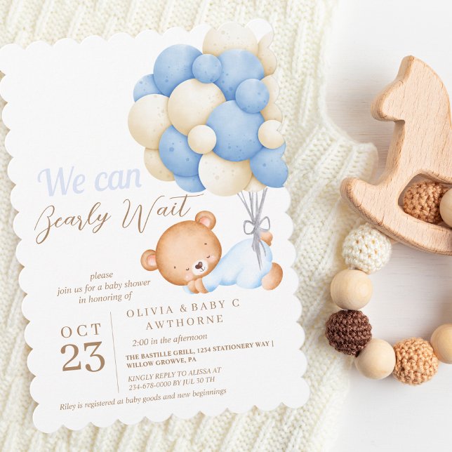 We can Bearly Wait Teddy Balloon Baby Boy Shower Invitation (Creator Uploaded)