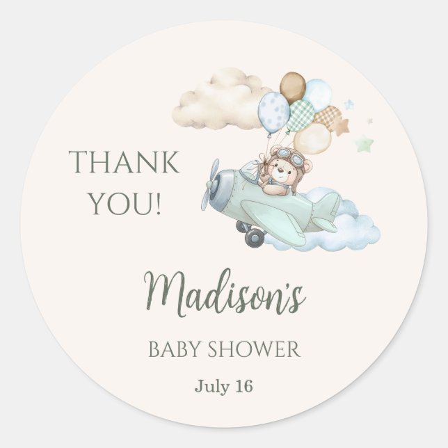 We Can Bearly Wait Teddy Bear Aeroplane Baby Showe Classic Round Sticker (Front)