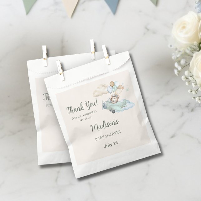 We Can Bearly Wait Teddy Bear Aeroplane Baby Showe Favour Bags (Aviator Teddy Bear Baby Shower Favor Bag. Blue Boy Airplane. We Can Bearly Wait.)