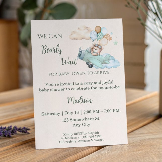 We Can Bearly Wait Teddy Bear Aeroplane Baby Showe Invitation (Aviator Teddy Bear Baby Shower Invitation. Blue Boy Airplane. We Can Bearly Wait.)