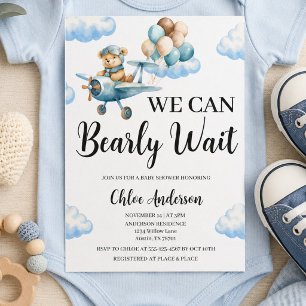We Can Bearly Wait Teddy Bear Aeroplane Baby Showe Invitation