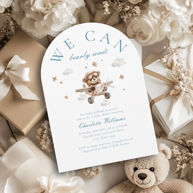 We Can Bearly Wait! Teddy Bear & Aeroplane  Invitation (We Can Bearly Wait! Cute, modern, white, baby shower arch invitation.)