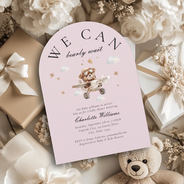 We Can Bearly Wait! Teddy Bear & Aeroplane  Invitation (We Can Bearly Wait! Cute, modern, pink, baby shower arch invitation.)