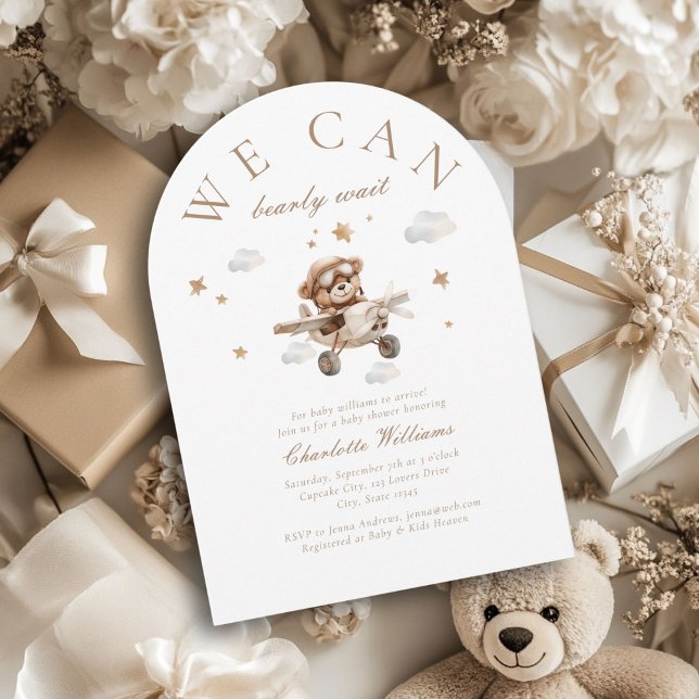 We Can Bearly Wait! Teddy Bear & Aeroplane  Invitation (We Can Bearly Wait! Cute, modern, white, baby shower arch invitation.)