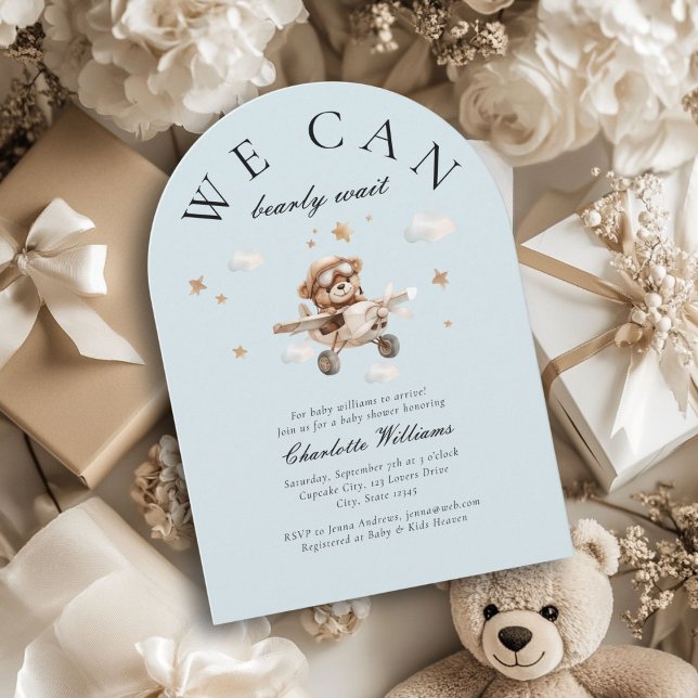 We Can Bearly Wait! Teddy Bear & Aeroplane  Invitation (We Can Bearly Wait! Cute, modern, blue, baby shower arch invitation.)