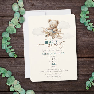 We Can Bearly Wait Teddy Bear Airplane Baby Shower Invitation