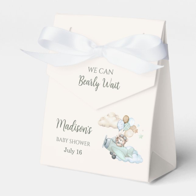 We Can Bearly Wait Teddy Bear Airplane Blue Boy Favour Box (Front Side)