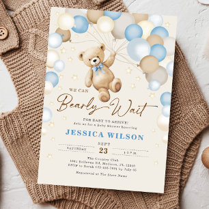 We Can Bearly Wait Teddy Bear Baby Boy Shower Invitation