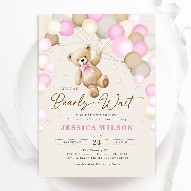 We Can Bearly Wait Teddy Bear Baby Girl Shower Invitation (Creator Uploaded)