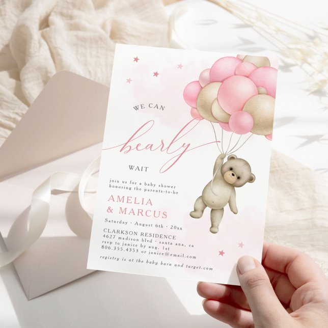 We Can Bearly Wait Teddy Bear Baby Girl Shower Invitation (Creator Uploaded)