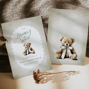 We Can Bearly Wait Teddy Bear Baby Shower Green Invitation