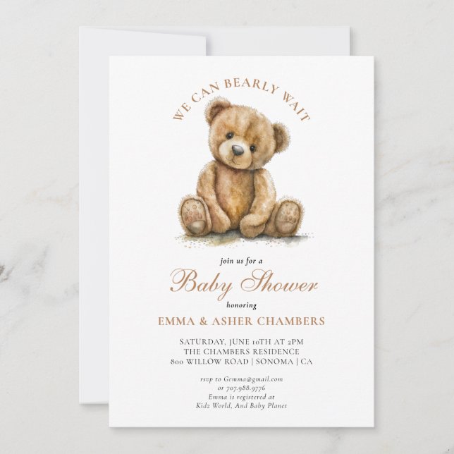 We Can Bearly Wait Teddy Bear Baby Shower Invitation (Front)