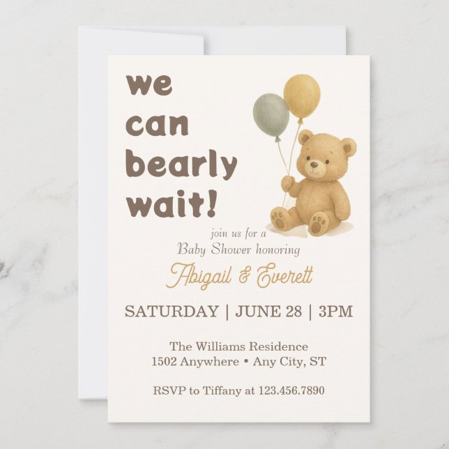 We Can Bearly Wait Teddy Bear Baby Shower Invitation (Front)