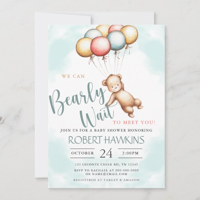 We Can Bearly Wait Teddy Bear Baby Shower Invitation (Front)