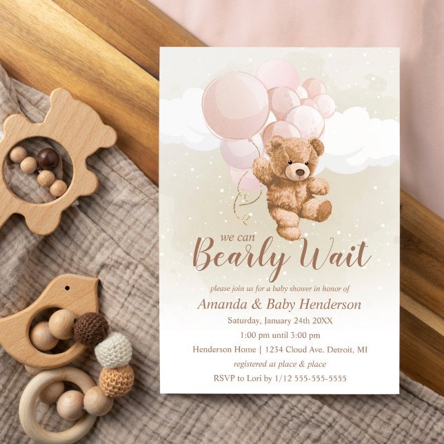 We can Bearly Wait Teddy Bear Baby Shower Pink Invitation (Creator Uploaded)