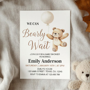 We Can Bearly Wait Teddy Bear Balloon Baby Shower  Invitation