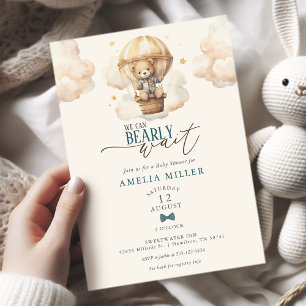 We Can Bearly Wait Teddy Bear Balloon Baby Shower Invitation