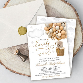 We Can Bearly Wait Teddy Bear Balloon Baby Shower Invitation