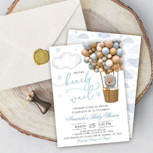 We Can Bearly Wait Teddy Bear Balloon Baby Shower Invitation