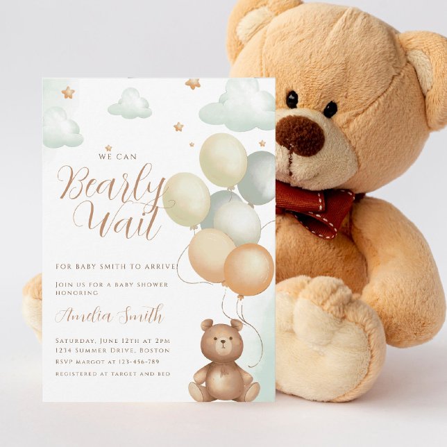 We Can Bearly Wait Teddy Bear Balloon Baby Shower Invitation (Creator Uploaded)