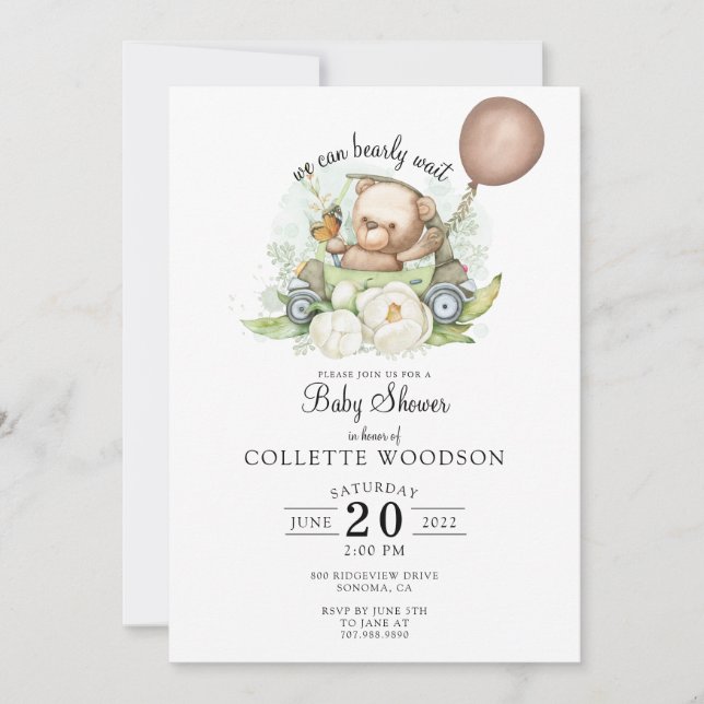 We Can Bearly Wait Teddy Bear Balloon Baby Shower  Invitation (Front)