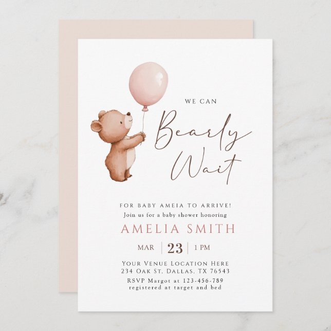We Can Bearly Wait Teddy Bear Balloon Baby Shower Invitation (Front/Back)