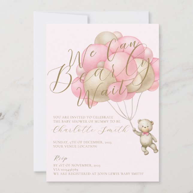 We Can Bearly Wait Teddy Bear Balloons Baby Shower Invitation (Front)