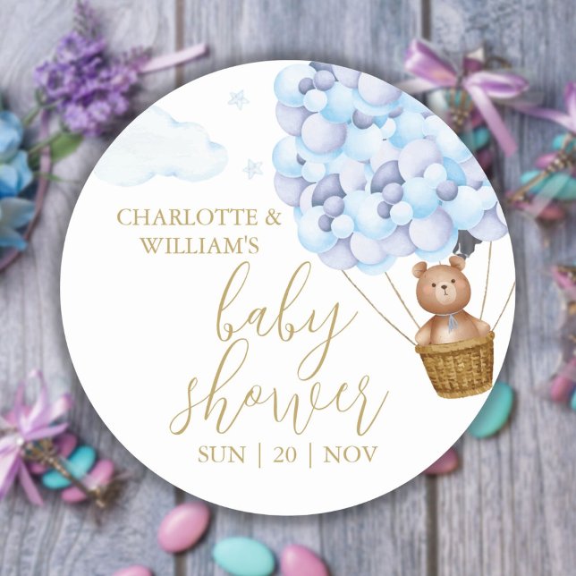 We Can Bearly Wait Teddy Bear Blue Baby Shower Classic Round Sticker (We Can Bearly Wait Teddy Bear Blue Baby Shower Classic Round Sticker)