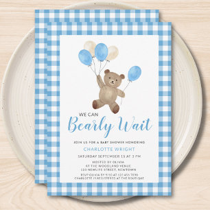 We Can Bearly Wait Teddy Bear Blue Baby Shower Invitation
