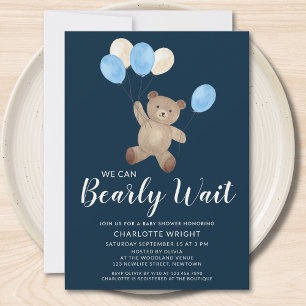 We Can Bearly Wait Teddy Bear Blue Baby Shower  Invitation