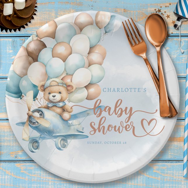 We Can Bearly Wait! Teddy Bear Blue Baby Shower Paper Plate (We can bearly wait baby shower paper plates, party decor, teddy bear, boy baby shower,)