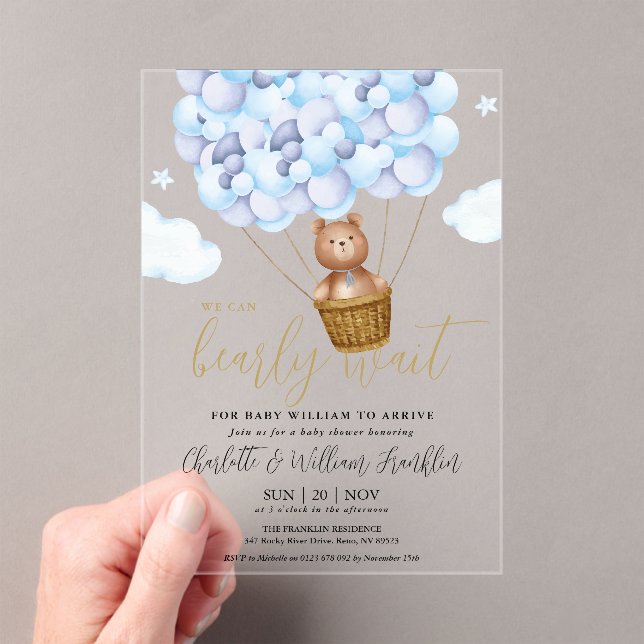 We Can Bearly Wait Teddy Bear Blue Boy Baby Shower Acrylic Invitations (Insitu (Handheld))