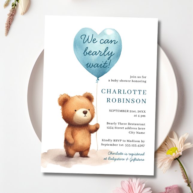 We Can Bearly Wait Teddy Bear Blue Boy Baby Shower Invitation (Creator Uploaded)