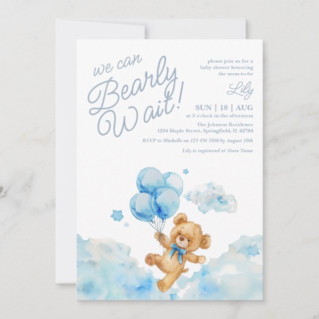 We Can Bearly Wait Teddy Bear Blue Boy Baby Shower Invitation (Front)