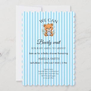 We Can Bearly Wait Teddy Bear Blue stripped Invita Invitation
