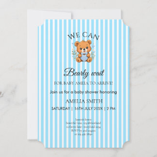 We Can Bearly Wait Teddy Bear Blue stripped Invita Invitation