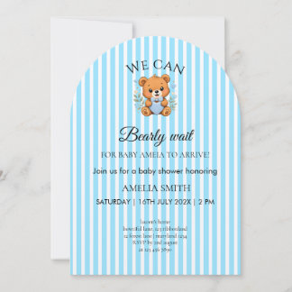 We Can Bearly Wait Teddy Bear Blue stripped Invita Invitation