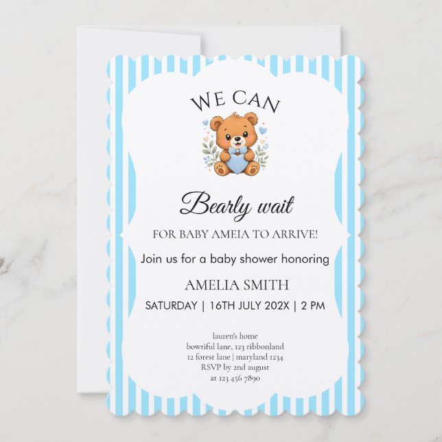 We Can Bearly Wait Teddy Bear Blue stripped Invitation (Front)