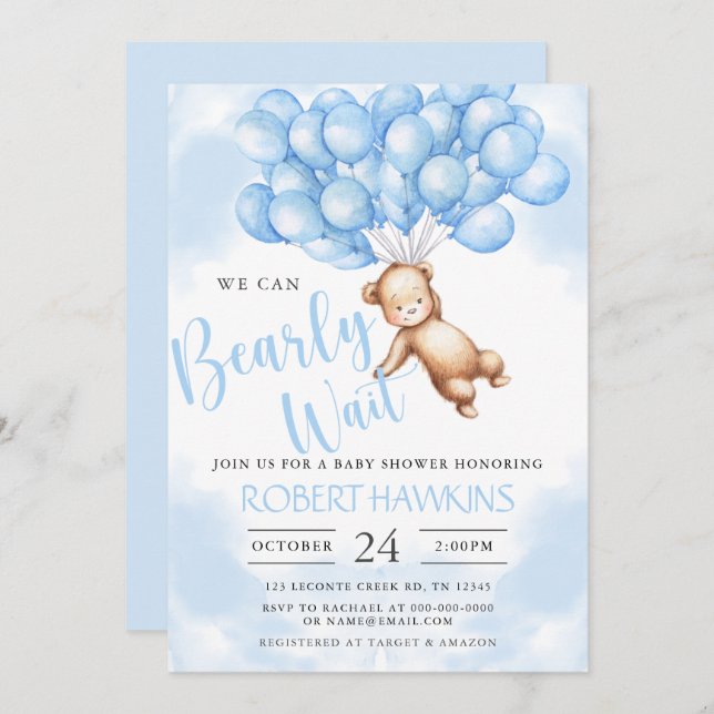 We Can Bearly Wait Teddy Bear Boy Baby Shower Invitation (Front/Back)