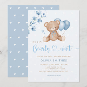 We Can Bearly Wait Teddy Bear Boy Baby Shower Invitation