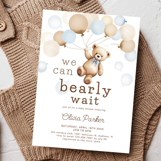 We Can Bearly Wait Teddy Bear Boy Baby Shower Invitation (Creator Uploaded)