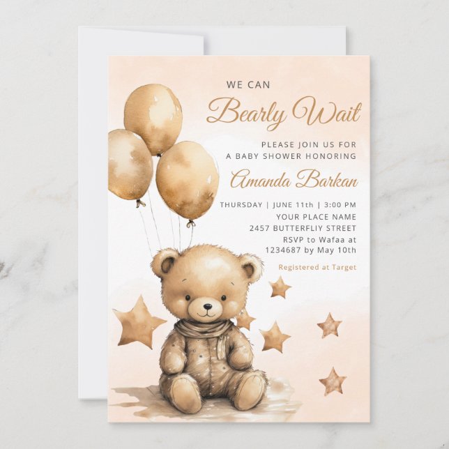 We Can Bearly Wait Teddy Bear Boy Baby Shower  Invitation (Front)