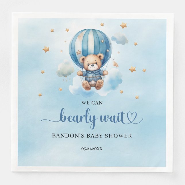 We can bearly wait teddy bear boy baby shower napkin (Front)