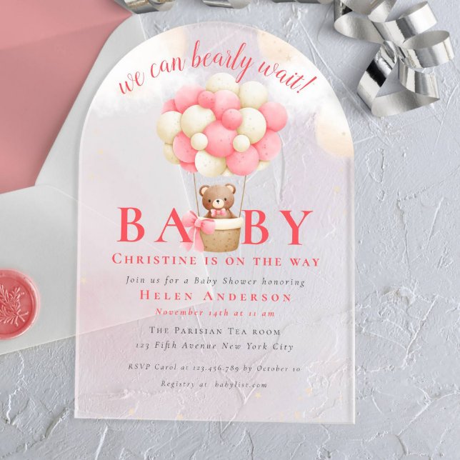 We can Bearly Wait Teddy Bear Girl Baby Shower Acrylic Invitations (Creator Uploaded)