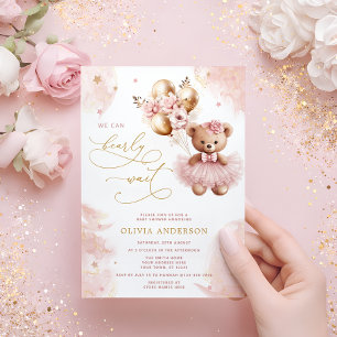 We Can Bearly Wait Teddy Bear Girl Baby Shower Inv Invitation