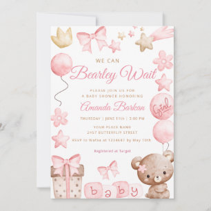 We Can Bearly Wait Teddy Bear Girl Baby Shower Invitation