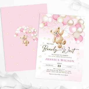 We Can Bearly Wait Teddy Bear Girl Baby Shower Invitation