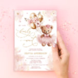We Can Bearly Wait Teddy Bear Girl Baby Shower Invitation<br><div class="desc">Step into a world of enchantment and anticipation with our charming invitation, where every detail is crafted to inspire joy and excitement. This captivating design features an adorable baby bear adorned in a beautiful pink dress, holding golden balloons delicately adorned with delicate flowers. Against a backdrop of soft pastel hues,...</div>