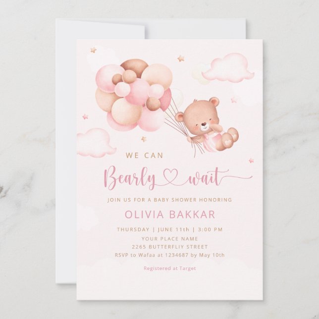 We Can Bearly Wait Teddy Bear Girl Baby Shower Invitation (Front)